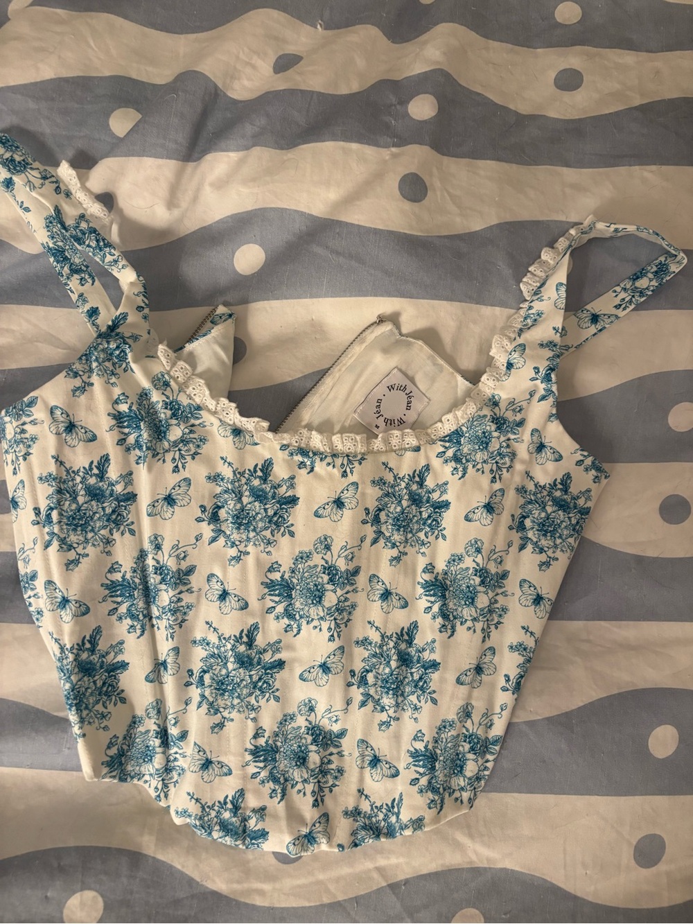Withjean Blue Floral Print Lace-Trim Crop Top